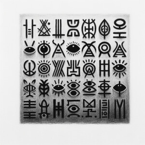 Alien symbols written in graphite, on a white background, strang...