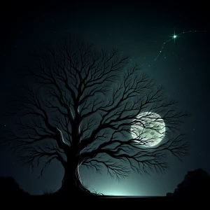 This image captures a nighttime scene featuring a leafless tree...