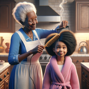 Create a realistic 3-D image of an african-American grandmother wearing a blue house dress and a white apron . She is in the kitchen with her african-American granddaughter. Her granddaughter is wearing a pink bath robe. The grandmother has a hot comb in her hand and she is straightening her granddaughters hair. One side of her granddaughters hair is in  a Afro the other straight 
There is smoke coming from the hot comb
The granddaughter is making a face