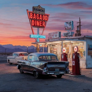 "A photorealistic vertical photograph of a vintage 1950s roadsid...