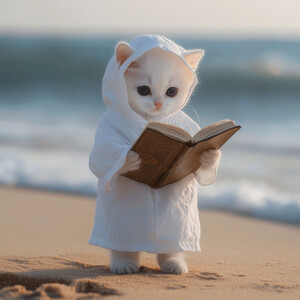 A white kitten with black eyes wearing a white robe wearing sand...