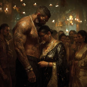 Realism,--v6.a muscular beefy sweaty tattoed indian man enjoying...