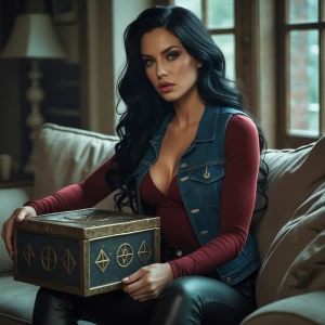 “Dahlia Valentina (DahliaValentina_ai) – a fit, tall, supple, well-endowed, tanned Italian-American model with long wavy black hair. Depict her sitting on a cozy couch in a softly lit room, wearing a casual, edgy outfit: a dark red long-sleeve top layered under a denim vest. Her expression is thoughtful and slightly mysterious. She’s holding an ancient-looking, weathered box with strange symbols etched on it, suggesting a hidden secret or relic. The atmosphere is tense yet intimate, with natural daylight streaming through the windows, casting soft shadows.”