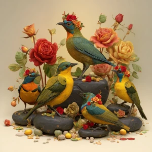 A vibrant and detailed digital illustration of a group of exotic...