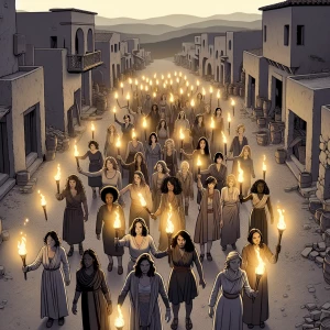 Create a wide-angle image of ten women holding torches, standing...