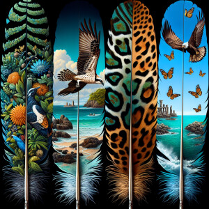 Create a series of four painted feathers, each with a unique des...