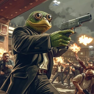 meme PEPE involved in a shootout. Use GTA style