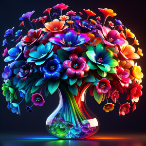 A vibrant and whimsical bouquet of glossy, multicolored flowers, each petal radiating joy in a spectrum of red, pink, blue, purple, orange, and yellow hues, assembled in a reflective, curved glass vase. The stems and leaves are rendered in rich, lifelike greens, contrasting beautifully with the brightly hued petals. The vase, positioned on a dark surface, holds a magical arrangement where the lower half is filled with layers of sparkling, jewel-toned crystals, creating a rainbow gradient from green to blue to fiery orange. Each flower seems to have a character of its own, contributing to a cheerful and enchanting composition that exudes the essence of a dreamy, enchanted garden.