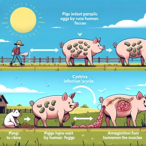 Ilustración educativa 2D: "Cisticercosis en cerdos"

Escena 1:...