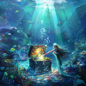 **Prompt**: Create an image that depicts a treasure chest in a b...