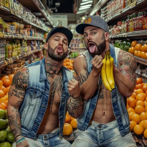 The image features two muscular men dressed in sleeveless denim...