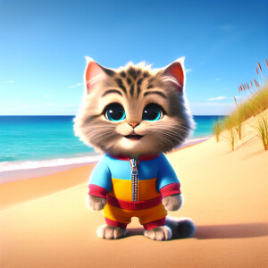 A cute kitten dressed in a jumpsuit, standing on its hind legs o...