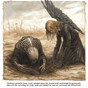 "Illustrate a powerful scene where a demon is lying just beneath...