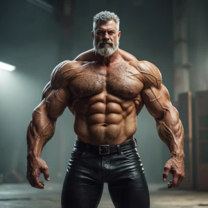Create an image of a muscular 50-year-old man with gray hair and...