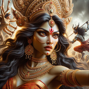 Portrait of gorgeous and angry goddess durga slaying mahishasur....