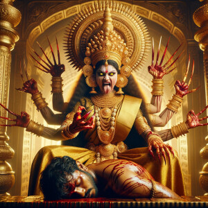 portrait of angry looking, four-armed indian goddess sitting on...