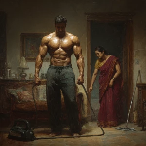 Hyperrealism ,a indian muscular beefy sweaty man exercising i...