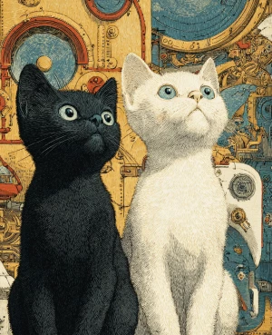 front of old card showcasing a black kitten and a white kitten....