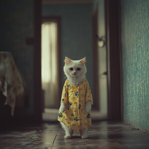 A white cat wearing a yellow floral patterned nightgown is stand...