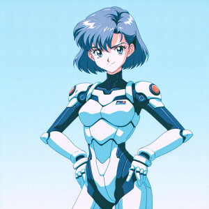 1990s anime screencap, girl a plugsuit, standing with hands on h...