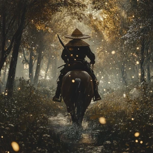 Create a realistic image of a straw hat swordsman riding a horse through a rainy forest with a third-person view and soft dusky light. Cinematic style. High definitions.