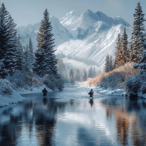 Create an image of a serene flowing river nestled within the maj...