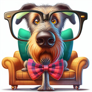 A whimsical caricature of an Irish Wolfhound sitting on the couc...