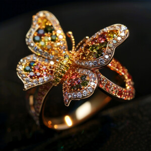 Exquisite butterfly ring adorned with colorful shimmering diamon...