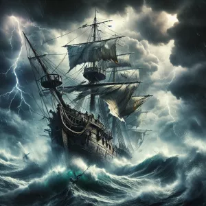 A majestic wooden ship battles against the raging storm, its sai...