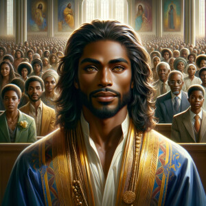 Illustrate an inspiring African-American Jesus crust with a dign...