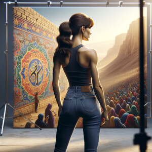 Athletic Thin skinny Attractive, Asian teenage girl, long brown hair and bangs, wearing tight skinny jeans and a halter top paint marks on her clothing, heroic pose Asian graffiti background, backside view