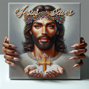 A 3D realistic artwork featuring the phrase 'Jesus Saves' adorne...