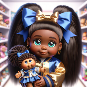 Create a 3-D image of an african-American little girl inside of a medium size, toy store. The little girl has thick long, ponytails and huge blue eyes. She has on a gold and blue jumpsuit with matching bows, She is playing with her favorite african-American cabbage patch doll, the doll has deep, dimples, and freckles and looks just like her