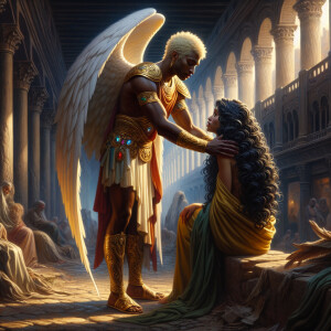 Create an oil painting image featuring a male angel and a grievi...
