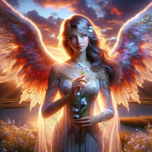"Visualize an angel standing gracefully in a serene field, holdi...