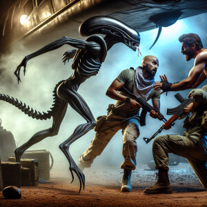 Headless alien fighting earthlings