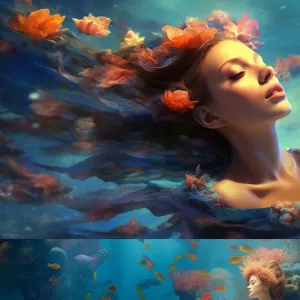 Envision a dreamy underwater scene, with vibrant coral reefs and...