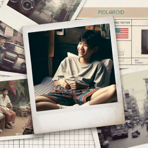 Polaroid, girl, bed, posing, shorts, 1990s