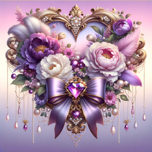 Picture an opulent heart-shaped frame adorned with pearls and go...
