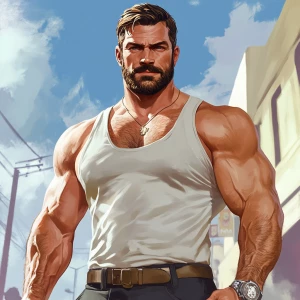 White muscular thin man with beard, big chin, smile and cheekbon...