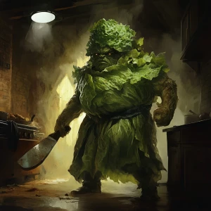 In a dimly lit kitchen arena, an anthropomorphic lettuce stands...