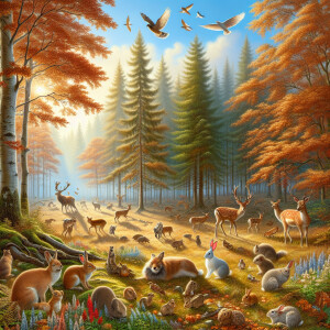 "Depict an autumnal forest scene with various forest animals pea...
