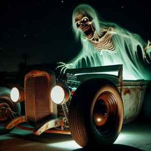 Ghoul bursting through roof of a Rat rod