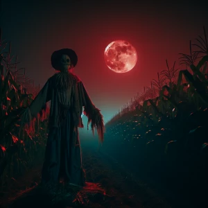 a scary scarecrow , cornfield, cinematic, high detailedcruely,cr...