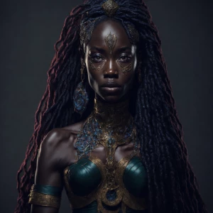 Mythweaver A Nigerian Queen stands tall, her long hair a wild ta...