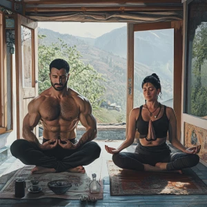 Photorealism,fantasy,A man muscular beefy sweaty doinga yoga sit...