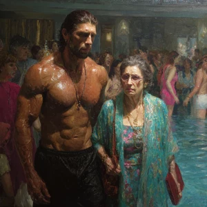 Hyperrealism,sharp painting,a muscular beefy criminal man walkin...