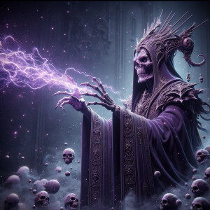 An evil sorcerer in a majestic purple robe and a skull helmet sh...