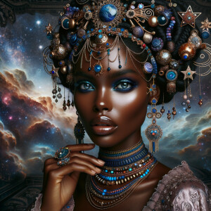 "Create a portrait of a regal African-American woman with an ethereal and cosmic theme. Her skin is a glossy ebony, with a smooth and flawless finish that reflects light. Her eyes are a striking electric blue, like sapphires, with a makeup that accentuates their shape and the intensity of their color. Her hair is styled into an intricate array of braids, coils, and twists that cascade down and frame her face, adorned with beads and jewels that catch the light. She wears an elaborate headdress made of swirling patterns and motifs that evoke the mysteries of the universe, studded with shimmering stones and intricate enamel work in hues of blue and gold. Her attire consists of a cascade of layered necklaces and a majestic, shoulder-grazing earring, each piece detailed with a mix of precious stones, metals, and intricate beadwork. The background is a tapestry of stars and nebulas, suggesting a connection to the cosmos. Her pose is serene, with a hand gracefully touching her chin, adorned with rings that complement her other jewelry, all coming together to suggest an aura of wisdom and grace."