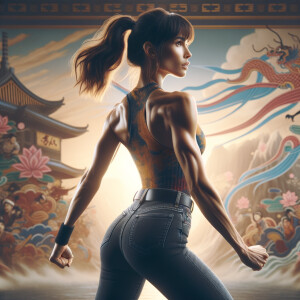 Athletic Thin skinny Attractive, Asian teenage girl, long brown hair and bangs, wearing tight skinny jeans and a halter top paint marks on her clothing, heroic pose Asian graffiti background, backside view